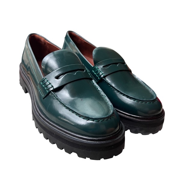 Reformation Agathea Chunky Loafers Deep Forest Green Size 7 Lug Sole Flats - Picture 2 of 8